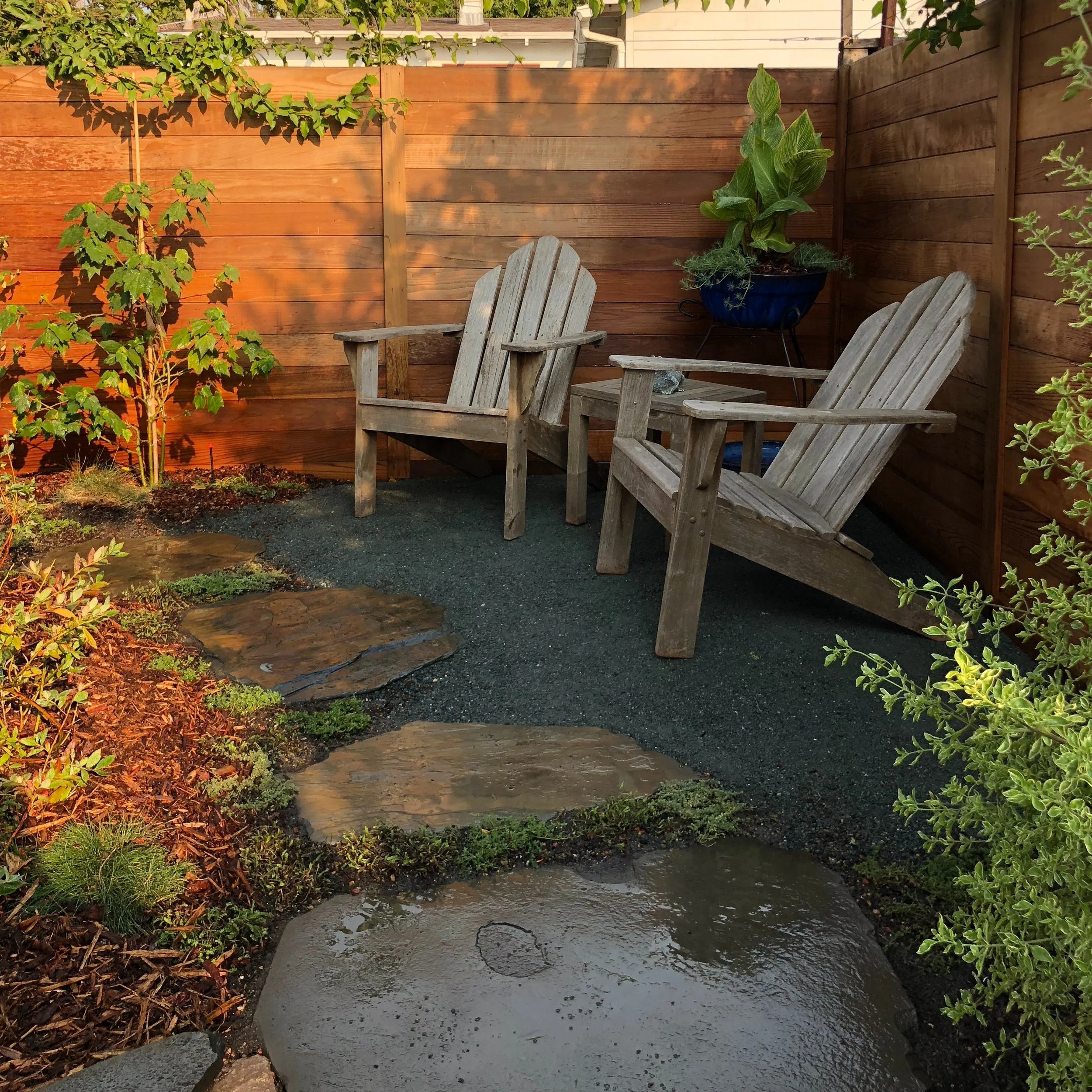 A Redwood View — decomposed granite patio under a redwood, Noe Valley
